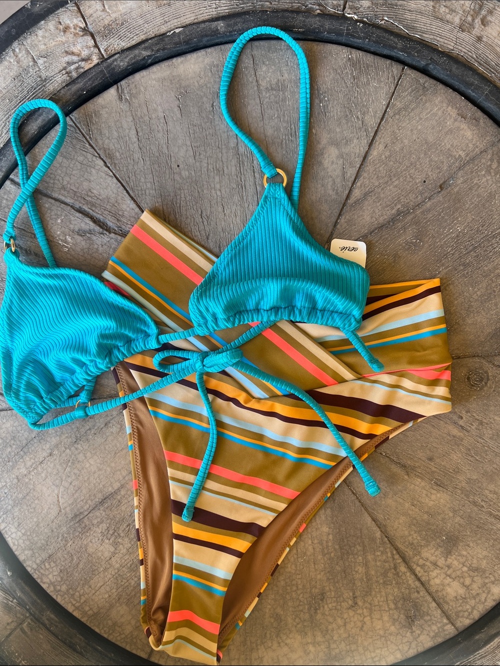 Aerie Turquoise Ribbed Triangle Top & Multi-Stripe Bikini Bottom B14